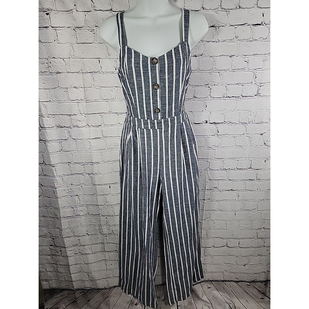 Womens Blu Pepper Jumpsuit Romper Blue/White Striped Sleeveless Med Adjustable